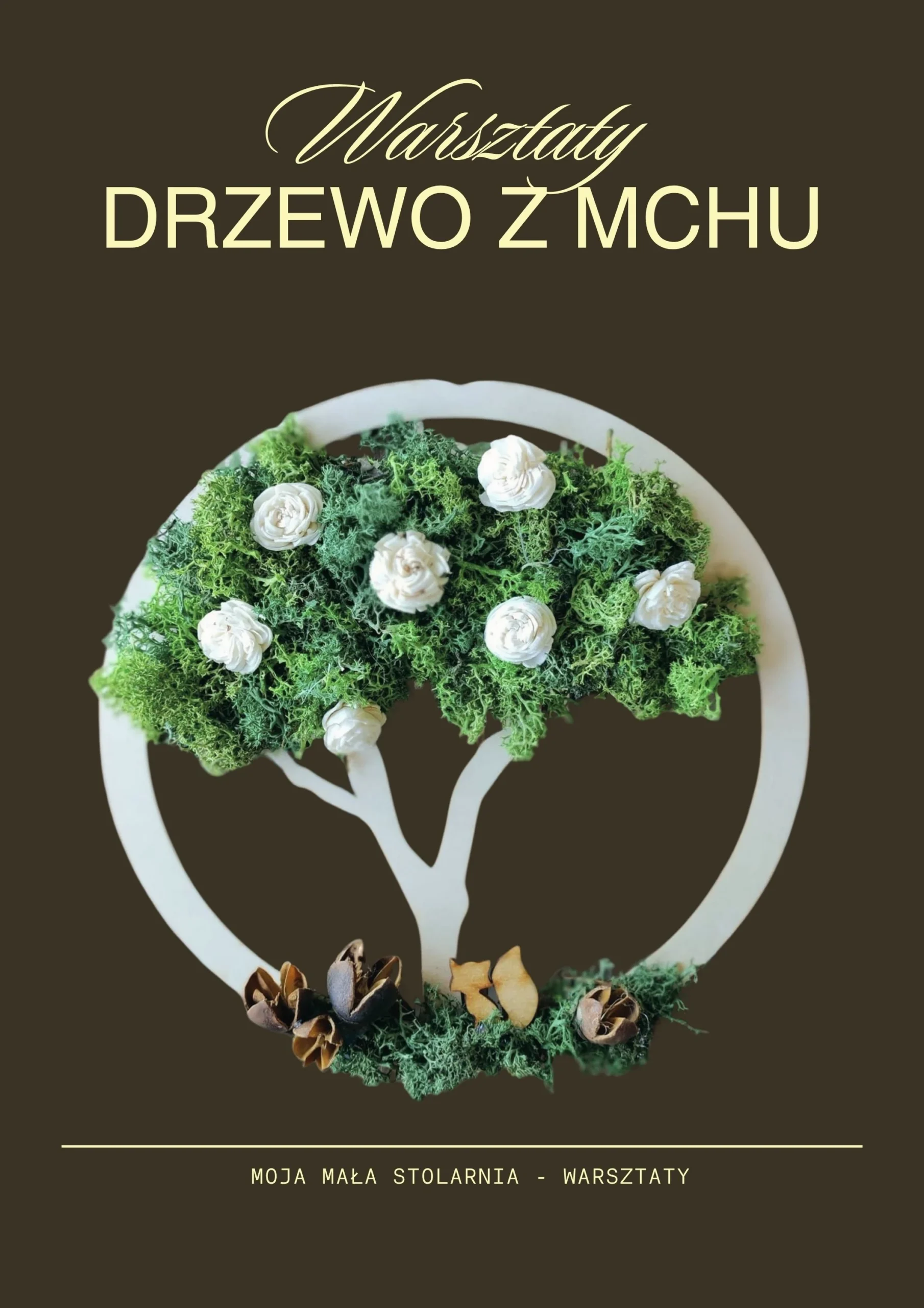 obraz z mchu w kształcie drzewka, z naturalnego szuszu, ekologiczny, żywe obrazy warsztaty