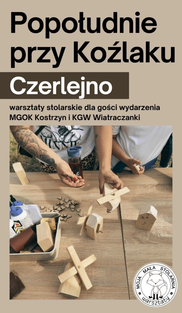 Dzieci i młodzież budują drewniane wiatraki z drewna w mobilnym warsztacie stolarskim Moja Mała Stolarnia pod Koźlakiem w Czerlejnie gmina Kostrzyn