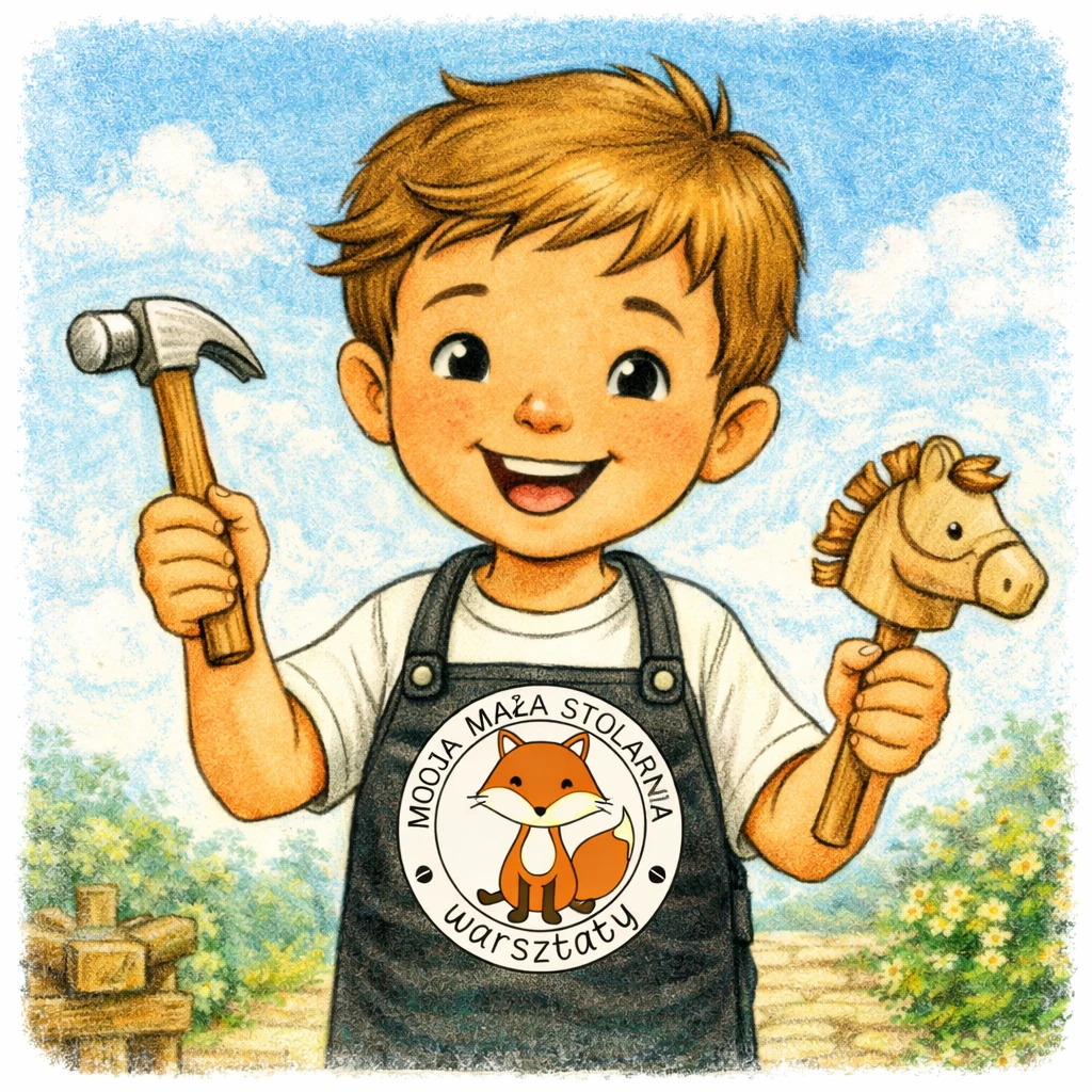chłopiec bierze udział w warsztatach stolarskich robi konika na patyku lajkonik