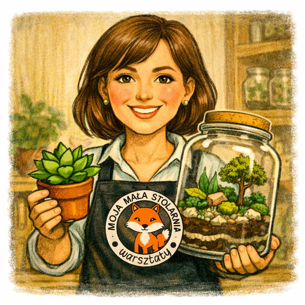 pani pokazuje las w słoiku który zrobiła na warsztatach florystycznych